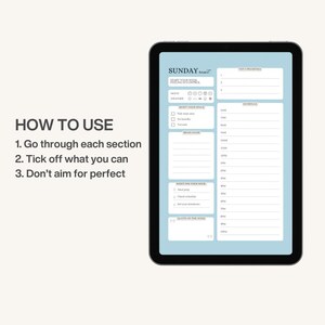 May include: A digital planner displayed on a black tablet. The planner has a light blue background with white text and sections for mood, weather, and priorities. Text on the left side reads "HOW TO USE" with numbered instructions.
