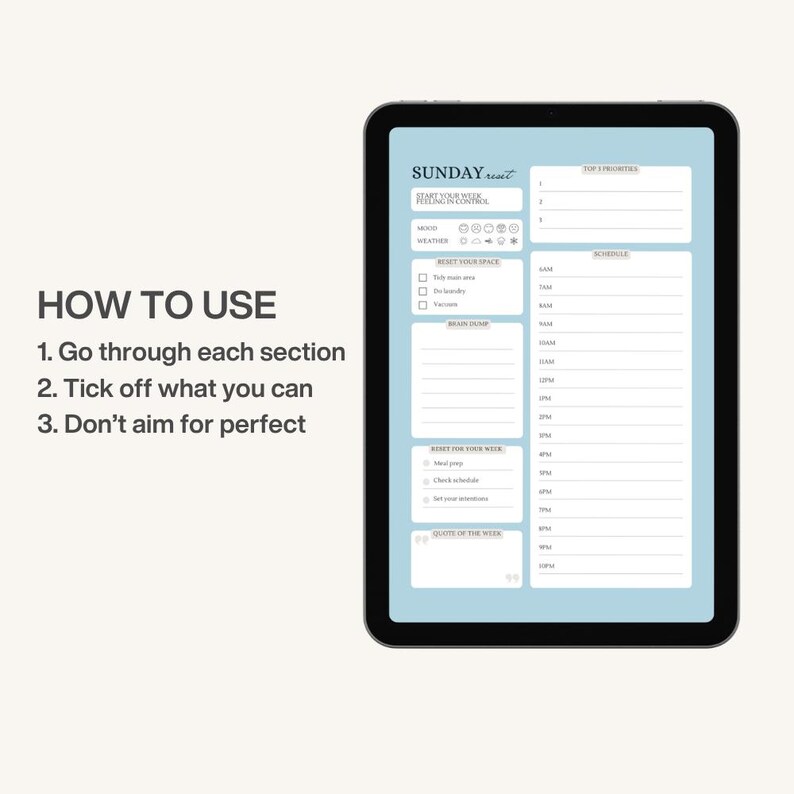 May include: A digital planner displayed on a black tablet. The planner has a light blue background with white text and sections for mood, weather, and priorities. Text on the left side reads "HOW TO USE" with numbered instructions.