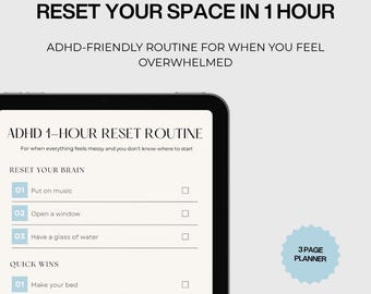 ADHD Cleaning Checklist Printable | 1 Hour Reset Routine | Clean When Overwhelmed | ADHD Reset Planner | Declutter & Organize Fast
