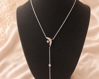 Silver Butterfly Lariat Necklace, Elegant Drop Y Chain, Minimalist Layering Jewelry