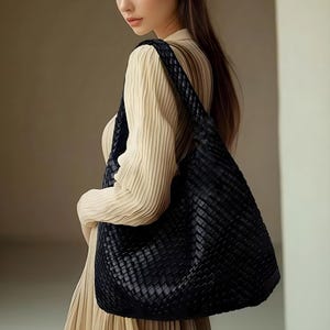 Woven Leather Shoulder Tote, Handmade Large Minimalist Bag for Work and Travel