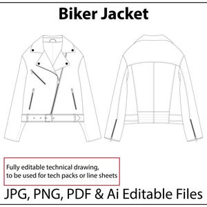 Op de afbeelding: Technische tekening van een bikerjack, voor- en achteraanzicht. Kenmerken zijn een asymmetrische rits, reverskraag en riem. De tekst bovenaan luidt "Biker Jacket". Daaronder staat "Fully editable technical drawing, to be used for tech packs or line sheets."