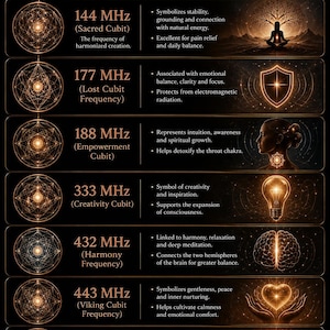 May include: A dark informational poster titled THE MEANING OF FREQUENCIES with gold text and graphics. It lists seven frequencies from 144 MHz to 528 MHz, each paired with a sacred geometry symbol, a descriptive name, and bulleted text explanations.