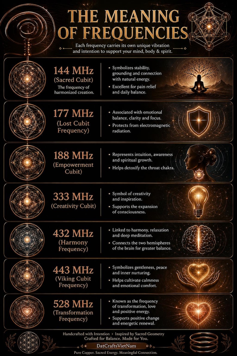 May include: A dark informational poster titled THE MEANING OF FREQUENCIES with gold text and graphics. It lists seven frequencies from 144 MHz to 528 MHz, each paired with a sacred geometry symbol, a descriptive name, and bulleted text explanations.