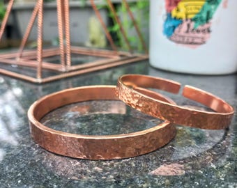 Pure Copper Cuff Bracelet, Hammered Flat Copper Bracelet, Handmade Copper Cuff, Open or Closed Bracelet, Custom Wrist Size