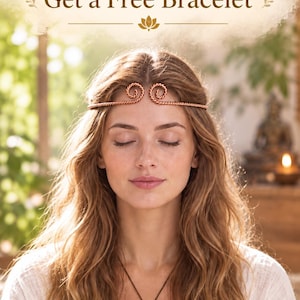 May include: A copper wire crown with two spiral accents worn on the head, a circular pendant on a dark cord, and a hammered copper cuff bracelet. The text reads: Buy a Tensor Crown, Get a Free Bracelet.