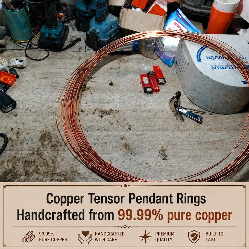 May include: A large, circular coil of thin, metallic copper wire. The text on the image reads: Copper Tensor Pendant Rings, Handcrafted from 99.99% pure copper, 99.99% pure copper, Handcrafted with care, Premium quality, Built to last.