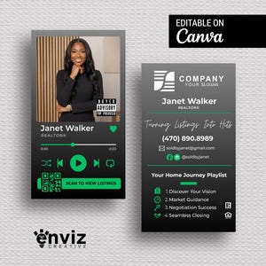 May include: A business card design featuring a photo of a woman, Janet Walker, a realtor. The card has a music player theme with a QR code and the text "Scan to View Listings". The card also includes contact information.