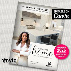 May include: A Home Buyer Guide cover with a photo of a woman in a white blazer. The guide includes the text "Home Buyer Guide" and "Editable on Canva." A pink circle states "Updated for 2026." The guide is tailored for buyers.