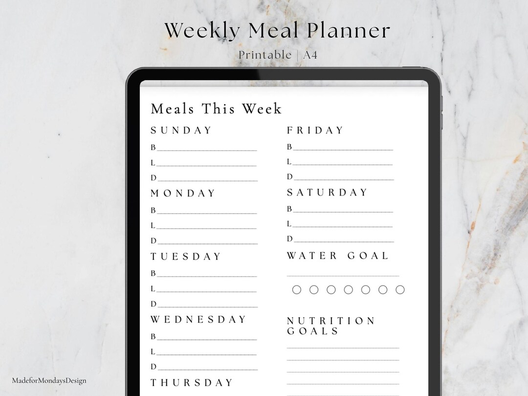 A4 Meal Planner Printable | Weekly Meal Planning Template | Minimalist ...
