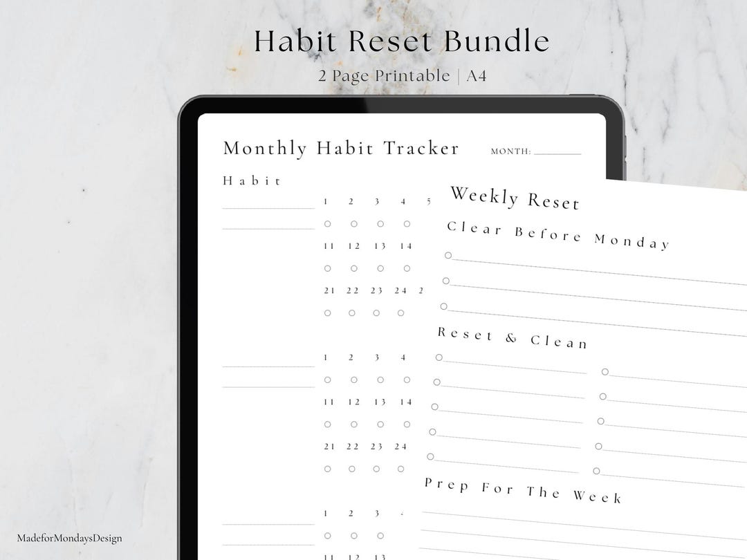 A4 Monthly Habit Tracker & Weekly Reset Planner Printable | Minimal ...