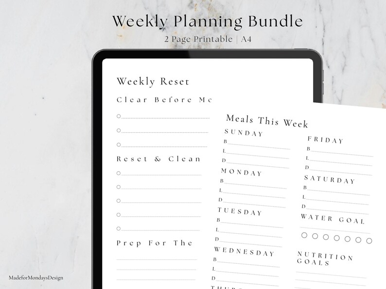 A4 Meals Weekly Reset Planner Printable | Minimal Planning ...