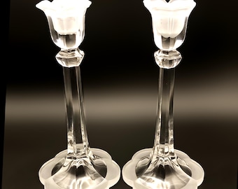 Vintage Ebeling and Reuss Germany Crystal Candleholders with Frosted Floral Cups and Bases