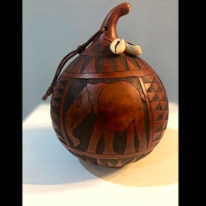 Hand Carved Elephant Calabash Gourd Shaker Made in Kenya Artist Signed