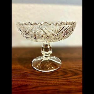 American Brilliant Lead Crystal Compote or Candy Dish with Stars Starburst Pattern