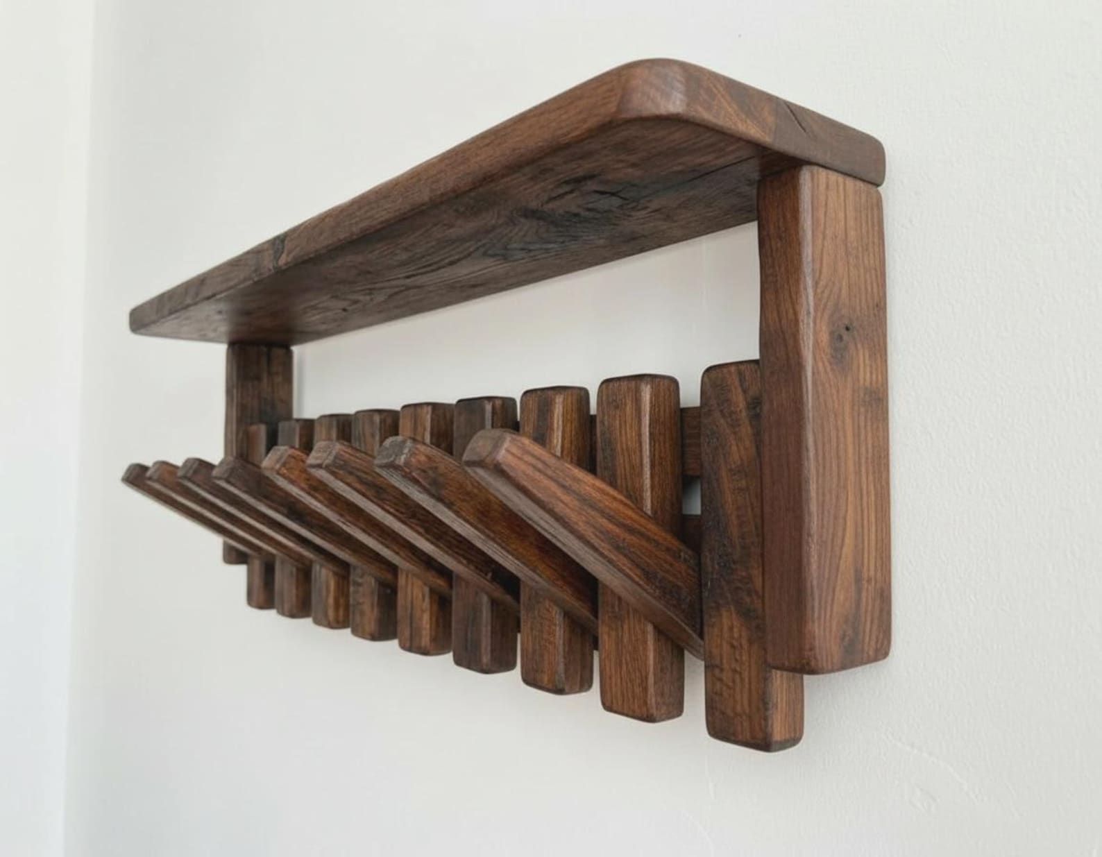 Walnut & Beech Piano Coat Rack, Entryway Shelf, Modern Wall Hooks - 8 hooks (21"), Walnut wood