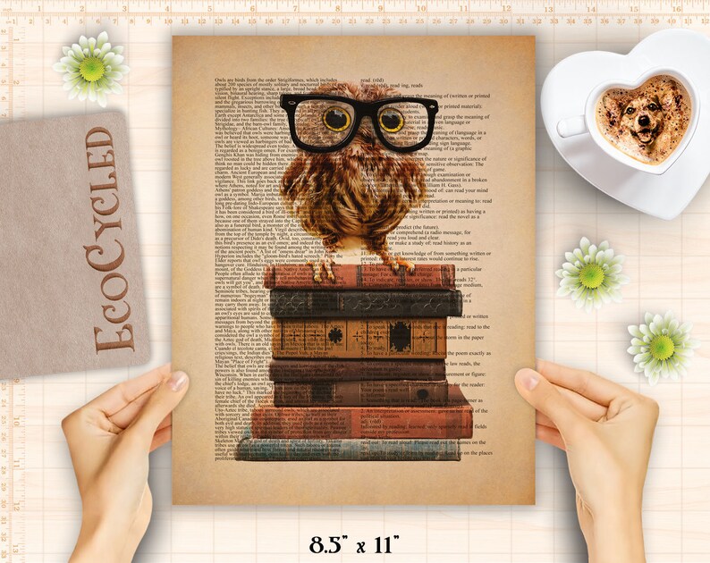 Nerdy Owl with Glasses on Stack of Books printable wall art Etsy