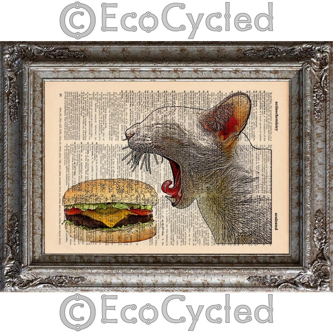 Cat with Cheeseburger on Vintage Upcycled Dictionary Art Print Etsy