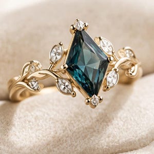 Kite Cut London Blue Topaz Ring, Yellow Gold Botanical Band, Nature Inspired Statement Ring