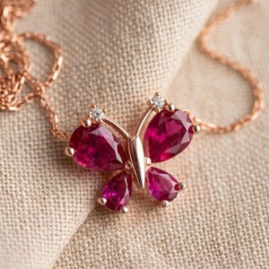 Natural Ruby Butterfly Necklace, 925 Sterling Silver Pendant, Rose Gold Tone Gift for Her
