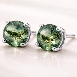 Natural Moss Agate Stud Earrings, Sterling Silver, Nature Inspired Dainty Jewelry
