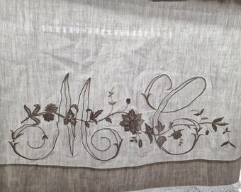 Juego de cama antiguo de lino grueso con bordado a mano y encaje de bolillos - Sábana de 230 x 250 cm y funda de almohada de 160 x 42 cm