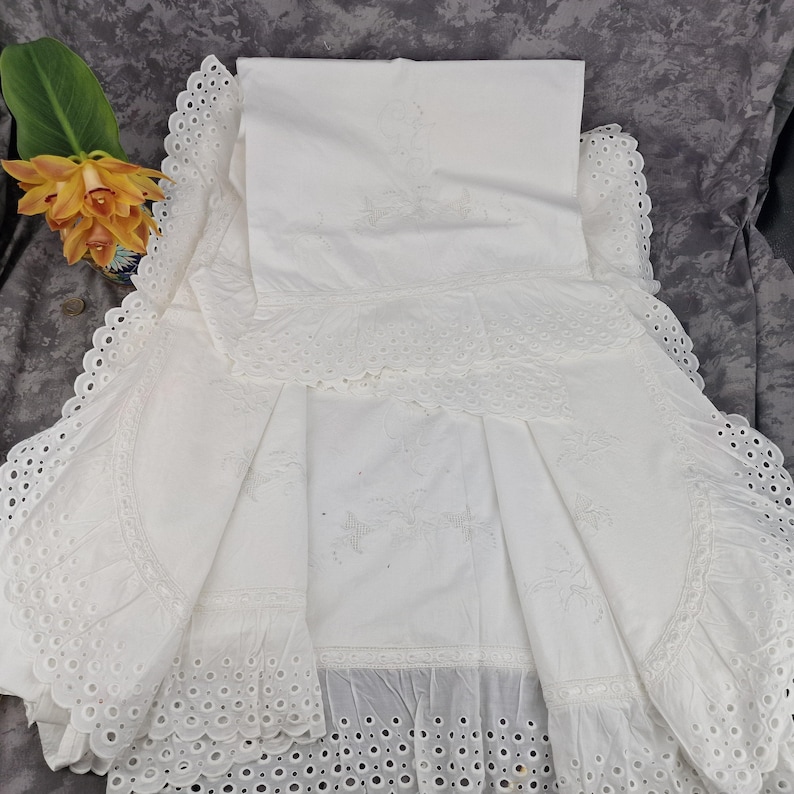 May include: White eyelet fabric with scalloped edges and embroidered details. The fabric is folded and arranged, showcasing the intricate cutwork and design. The overall theme is vintage or cottagecore.