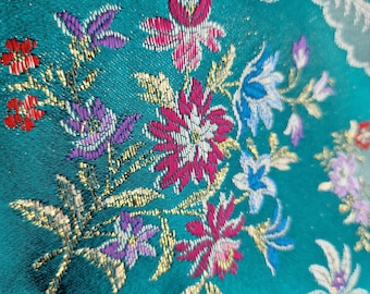 Vintage Valencian Brocade Fabric - Traditional Spanish Floral Damask with Gold Thread - Turquoise Silk Blend Textile for Sewing or Decor