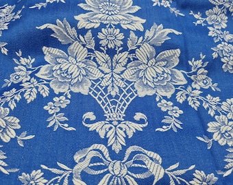 Mid-Century Spanish Damask Fabric Blue Floral Basket Pattern 120cm Wide Textile per Meter