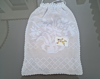 Bolsa de Pan Vintage Hecha a Mano a Ganchillo Saco para Pan de Tela con Forro y Cordon 50x35 cm