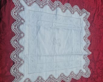 Antique Spanish Linen Pillowcase Cushion Sham, Hand Bobbin Lace Whitework Embroidery Monogram, Mother of Pearl Buttons, 1900s