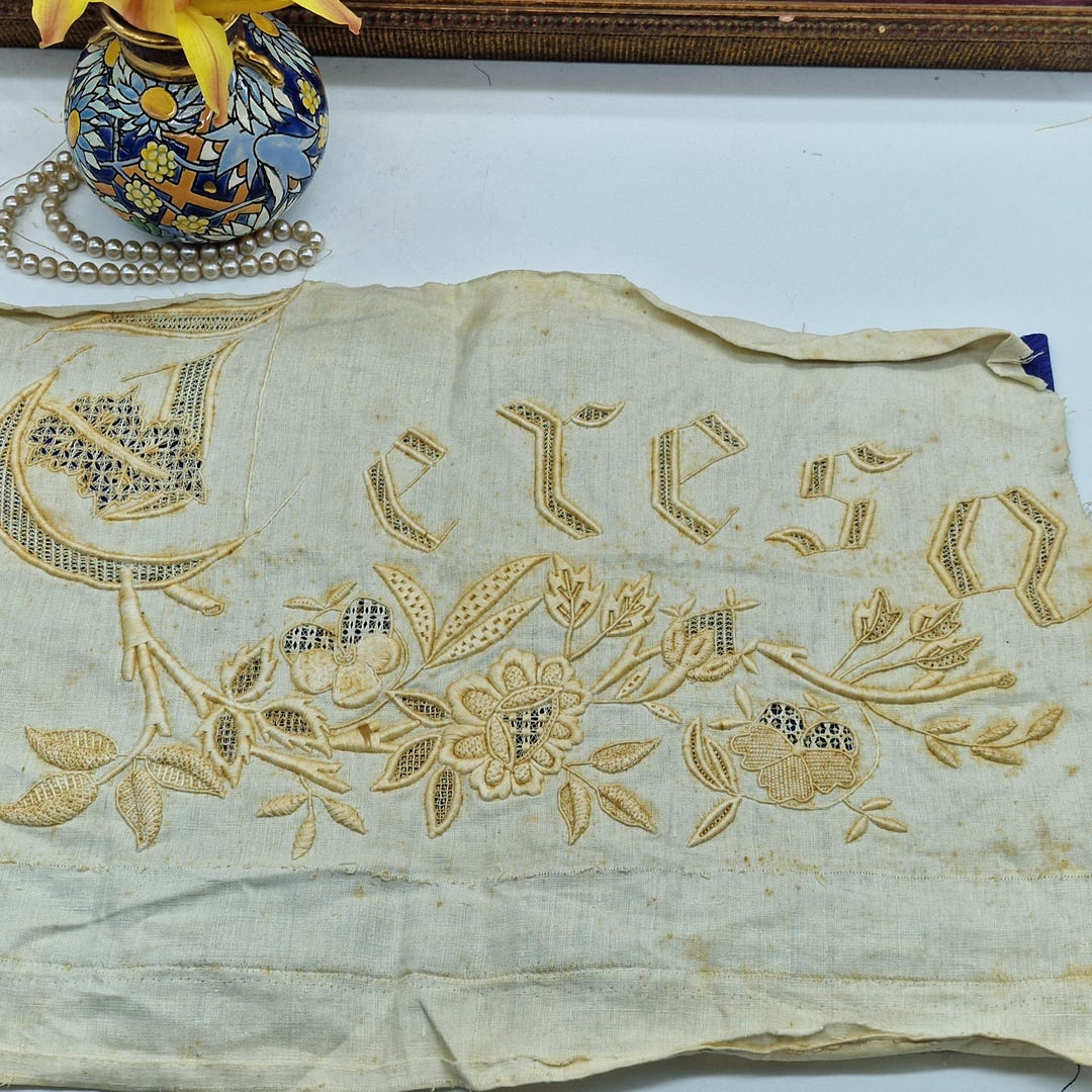 Antique Hand-embroidered Linen Fragment - Richelieu Cutwork Monogram ...