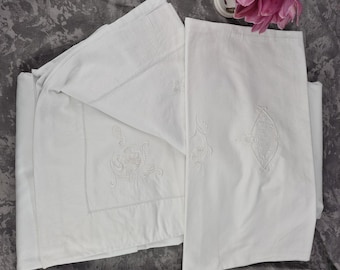 Juego de Cama Vintage de Algodón Blanco con Monograma M Bordado y Vainica 1960