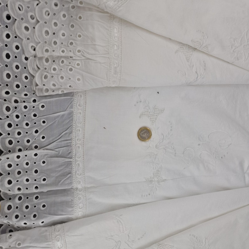 May include: Close-up of white fabric with intricate details. The fabric features eyelet lace, ruffled edges, and delicate embroidered floral patterns. A coin is placed on the fabric for scale, highlighting the fine craftsmanship and texture of the textile.