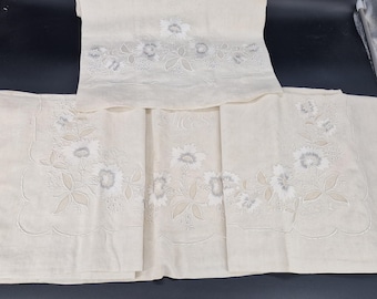 Antique Spanish Linen Bedding Set 1920s Art Deco Hand Embroidered Monogram MCS Double Sided Embroidery Luxury Trousseau Fine Linen Sheet