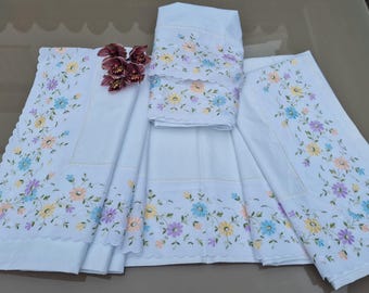 Set Letto Vintage Tolrá Cotone Ricamo Floreale Lenzuolo e Federa