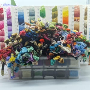 Könnte beinhalten: Ein klarer Kunststoff-Organizer gefüllt mit farbenfrohem Stickgarn und Faden. Das Garn ist in verschiedenen Schattierungen von Rot, Rosa, Blau, Grün, Gelb und Lila gehalten. Farbkarten sind im Hintergrund sichtbar, was auf einen Bastelbedarf hindeutet.