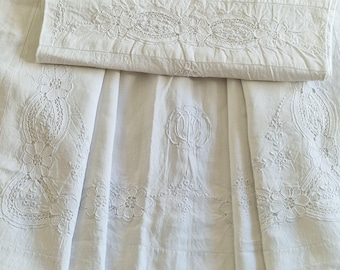 Antique Hand Embroidered Linen Bedding Set with Lace and Monogram