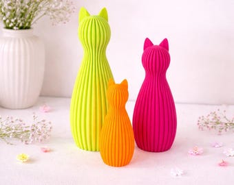 Japendi Cat - 3D Cat Statue, Colorful Neon Colors - Cat Decor - Ribbed Cat Statue - Cute 3D Printed Cats - Cat Figurine