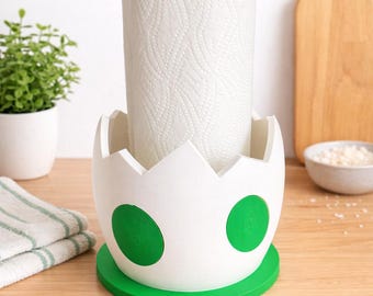Yoshi-inspired kitchen roll holder – 3D printed | Gift for Yoshi fans and gaming friends | Kitchen roll egg with polka dots - Dino egg
