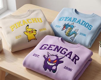 Felpa personalizzata con ricamo di Pokémon Anime, girocollo con personaggio personalizzato, regalo per lei e per lui