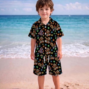 Neon Charmander Hawaiian Kids Shirt, Tropical Button Up Shirt, Cute Beach Short Summer Outfit, Kids Beach Set, Charmander Shirt Gifts