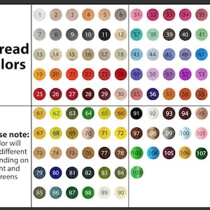 Op de afbeelding: Een kleurenkaart met 109 garenkleuren, genummerd en gerangschikt in cirkels. De tekst "Thread colors" staat linksboven. De tekst "Please note: Color will look different depending on light and screens" staat linksonder.