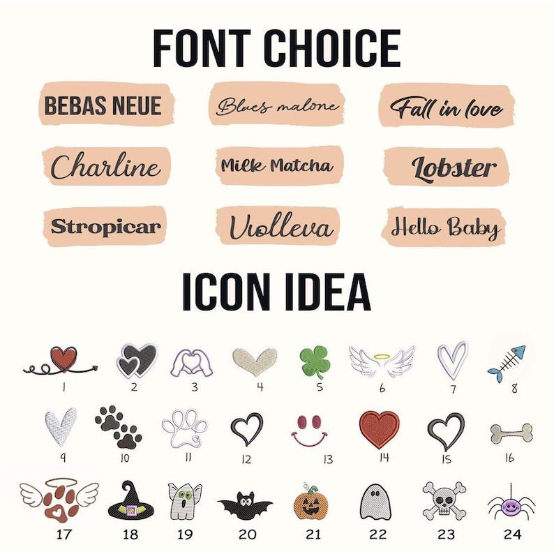 Op de afbeelding: Een afbeelding met de tekst "FONT CHOICE" en "ICON IDEA". Verschillende lettertypestijlen worden weergegeven op beige rechthoeken. Hieronder staan verschillende icoonidee&euml;n, waaronder harten, poten en Halloween-thema's.