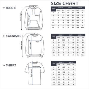 Op de afbeelding: Maattabel voor hoodies, sweatshirts en t-shirts. Bevat afmetingen in inches en cm voor lengte, breedte, borst en mouw. Maten vari&euml;ren van S tot 4XL of 5XL, afhankelijk van het kledingstuk.