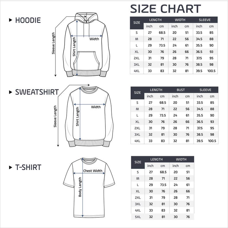 Op de afbeelding: Maattabel voor hoodies, sweatshirts en t-shirts. Bevat afmetingen in inches en cm voor lengte, breedte, borst en mouw. Maten vari&euml;ren van S tot 4XL of 5XL, afhankelijk van het kledingstuk.