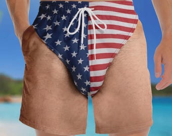 Personalized Funny USA Flag Swim Trunks, Patriotic Men’s Swim Shorts, 4th Of July Beach Shorts, Novelty Summer Gift For Him, Funny Beach