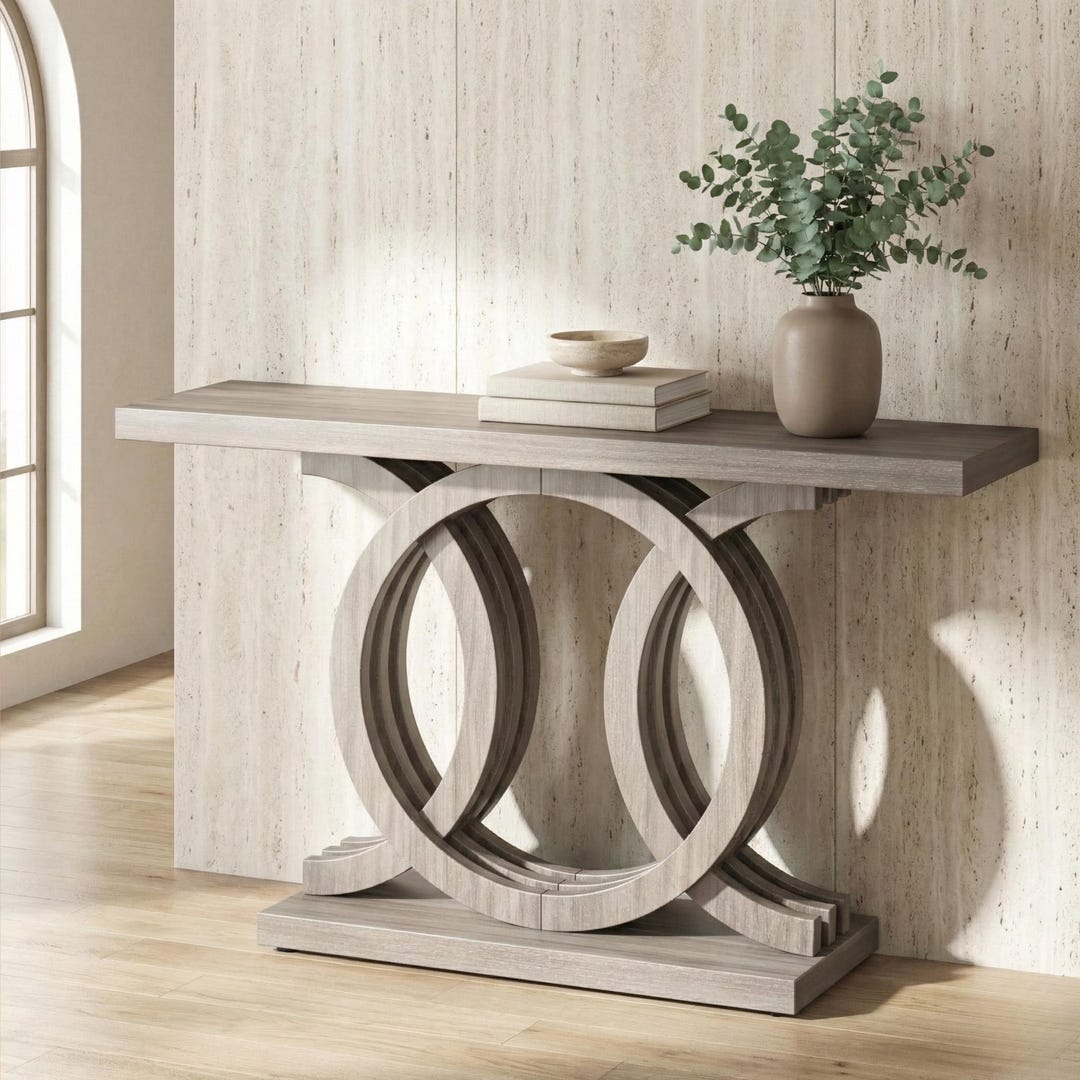 55 Inch Gray Console Table, Interlocking Ring Geometric Base, Modern ...