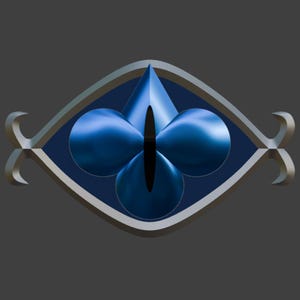 May include: A stylised emblem featuring a central vertical black slit surrounded by three rounded, metallic blue shapes. This design is encased within a silver-toned, eye-shaped frame that extends into pointed, curved flourishes on both sides.