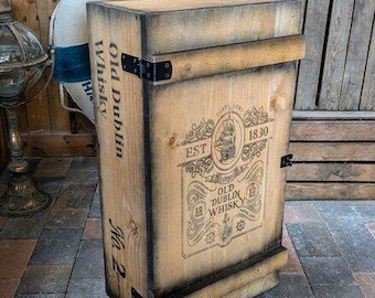 Barkast, whiskyminibar, barmeubels, hout, gerecycled hout, Ierse pub, shabby chic, retro, vintage, woondecoratie, nieuw, 140